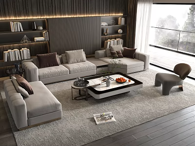 Elegant Modern Sofa And Coffee Table Set With Decorative Pillows Area Rug And Window View 3d model
