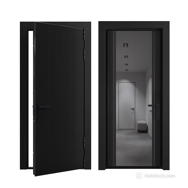 Modern Black Hinged Door With Vertical Stripes And Sleek Door Frame Design 3d model 