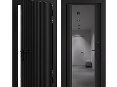 Modern Black Hinged Door With Vertical Stripes And Sleek Door Frame Design 3d model