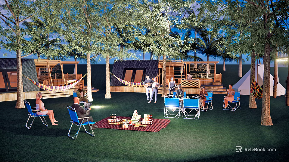 Scenic Camping Site With Trees Hammocks Picnic Area Folding Chairs And Tent For Relaxing 3d model 