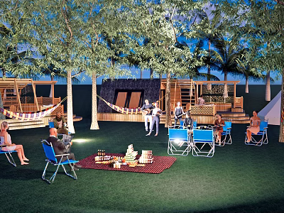 Scenic Camping Site With Trees Hammocks Picnic Area Folding Chairs And Tent For Relaxing 3d model
