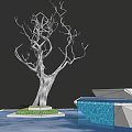 Bare Tree Sculpture With Water Reflection Blue Sky With Clouds Geometric White Buildings Green Base