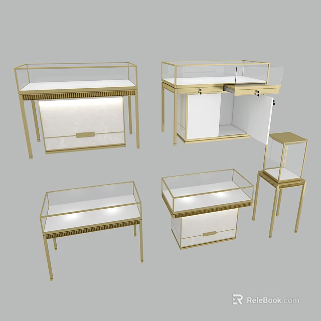Elegant Jewelry Store Golden Glass Display Cases With Luxury Counter Design 3d model 