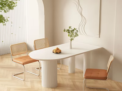 Modern Dining Table Set White Oval Tabletop Rattan Back Chairs Orange Cushions Vase Green Plants 3d model