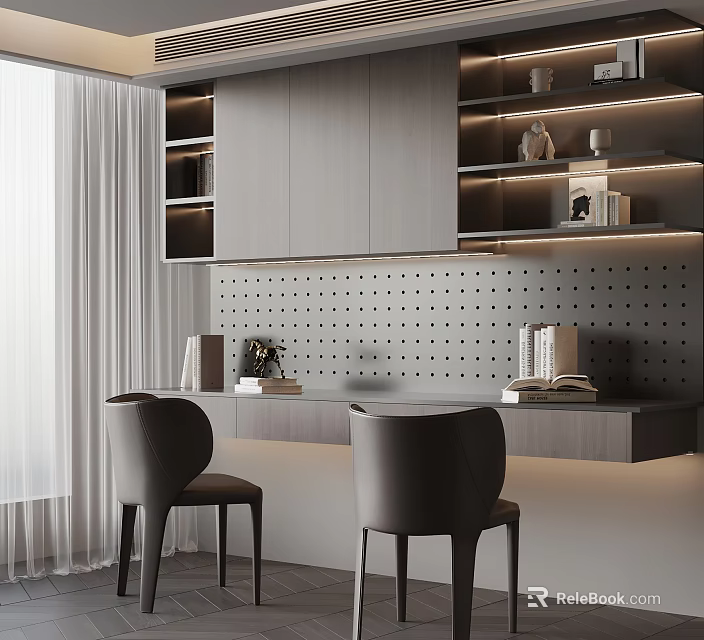 Modern Home Office Desk Setup With Minimalist Shelves And Comfortable Chairs 3d model 
