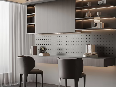 Modern Home Office Desk Setup With Minimalist Shelves And Comfortable Chairs 3d model