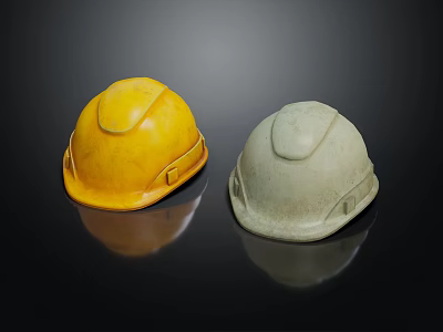 Yellow And Gray Safety Helmets On Black Background With Reflection 3d model
