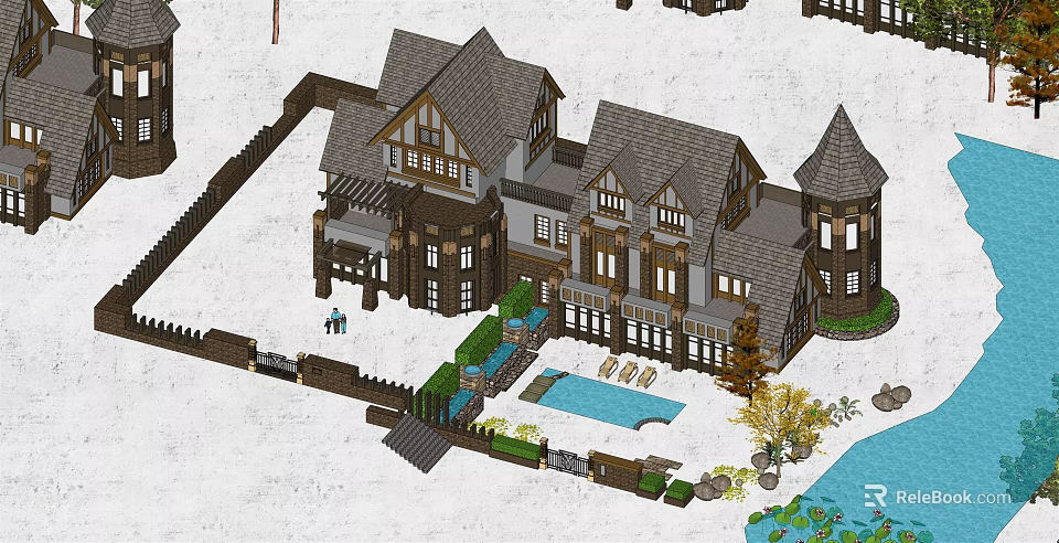Twin Villa Exterior With Sloped Roof Swimming Pool Courtyard And Greenery Design 3d model 