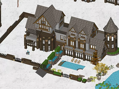 Twin Villa Exterior With Sloped Roof Swimming Pool Courtyard And Greenery Design 3d model