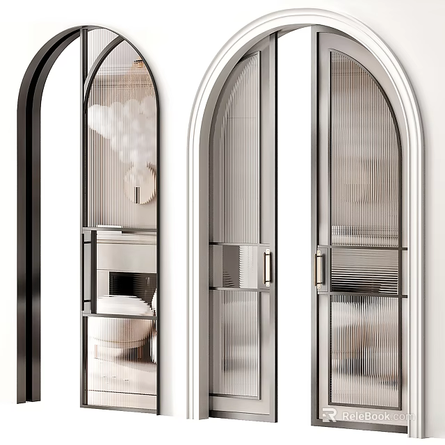 Modern Arched Sliding Doors with Ribbed Glass and Metal Frame for Bathroom Interior 3d model 