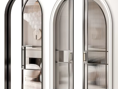 Modern Arched Sliding Doors with Ribbed Glass and Metal Frame for Bathroom Interior 3d model