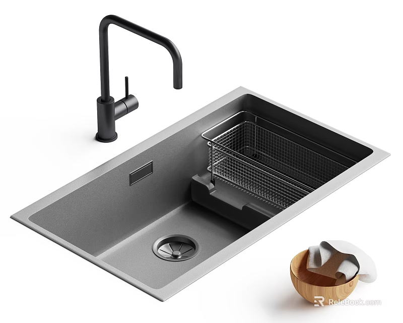 Matte Gray Kitchen Sink With Black Faucet Drying Rack And Accessories 3d model 