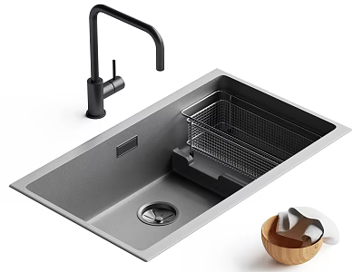 Matte Gray Kitchen Sink With Black Faucet Drying Rack And Accessories 3d model