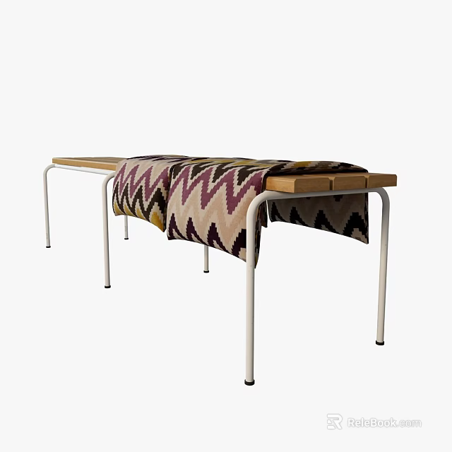 Outdoor Table with Wooden Top White Metal Legs and Zigzag Patterned Blanket Brown Beige Purple 3d model 