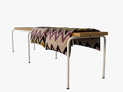 Outdoor Table with Wooden Top White Metal Legs and Zigzag Patterned Blanket Brown Beige Purple 3d model