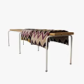 Outdoor Table with Wooden Top White Metal Legs and Zigzag Patterned Blanket Brown Beige Purple