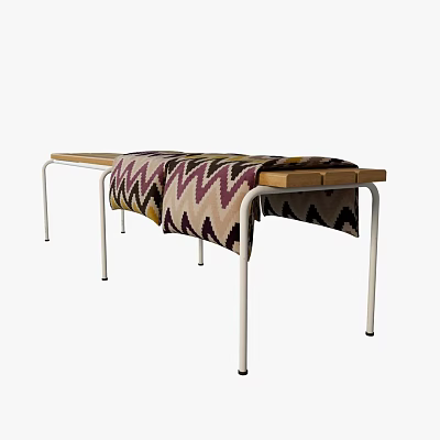 Outdoor Table with Wooden Top White Metal Legs and Zigzag Patterned Blanket Brown Beige Purple 3d model