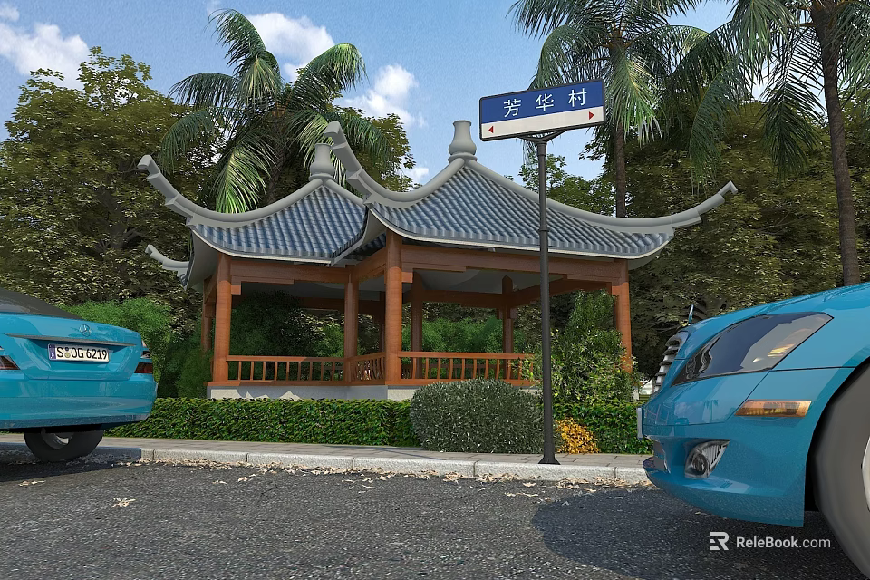 Traditional Chinese Pavilion with Curved Roof in Village Surrounded by Palm Trees and Green Plants 3d model 