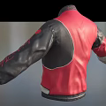 Stylish Leather Jacket With Red White Black Color Block Design Front Zipper And Embroidered Badge