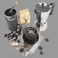 Essential Coffee Kitchen Tools Set With Moka Pot Grinder Cup Beans And Sugar 3d model