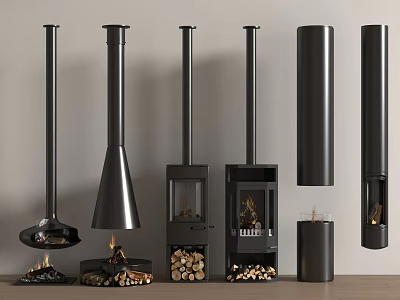 Modern Black Fireplaces With Various Designs Chimney Structures And Wood Logs 3d model
