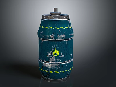 Blue Barrel With Yellow Caution Stripes Flame Symbol And Danger Label 3d model