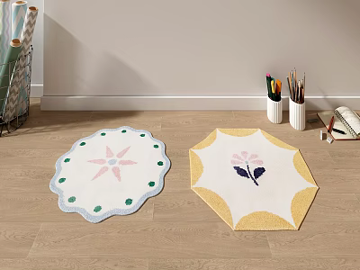 Scalloped edge circular and octagonal shaped rugs with floral patterns in pink green yellow purple 3d model