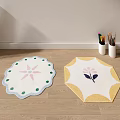 Scalloped edge circular and octagonal shaped rugs with floral patterns in pink green yellow purple