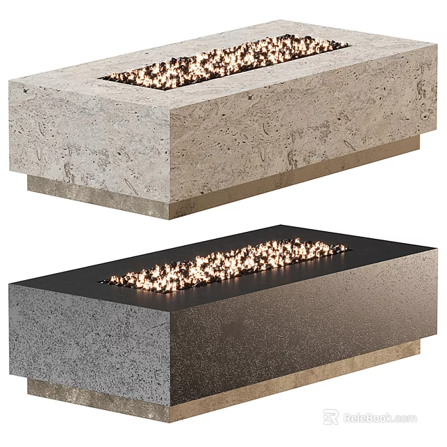 Modern Stone Fireplace Design With Two Different Color Bases and Warm Glowing Fire Inside 3d model