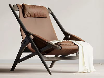 Modern Leisure Chair With Wooden Frame Brown Cushion Pillow And White Blanket 3d model