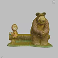 Wooden Outdoor Chair Featuring Girl and Bear Statues With Colorful Ball and Grass
