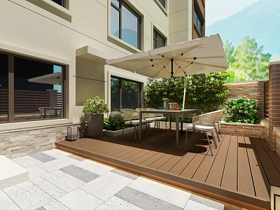 Modern Garden Landscape Design With Wooden Deck Outdoor Dining Set And Green Plants 3d model