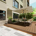 Modern Garden Landscape Design With Wooden Deck Outdoor Dining Set And Green Plants