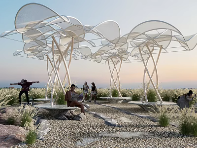 Modern Garden Landscape With White Arch Structures People Resting And Green Plants 3d model