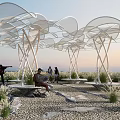 Modern Garden Landscape With White Arch Structures People Resting And Green Plants