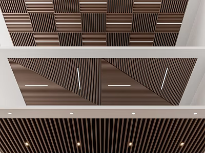 Modern Ceiling Design With Wooden Slats Geometric Patterns And Lighting 3d model