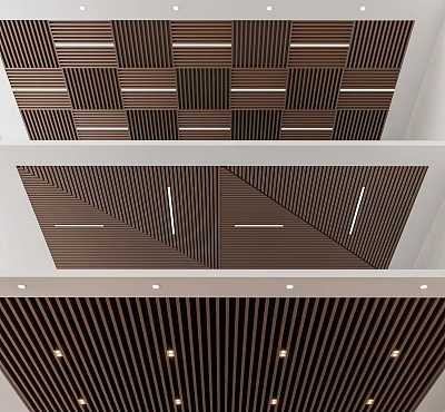 Modern Ceiling Design With Wooden Slats Geometric Patterns And Lighting 3d model