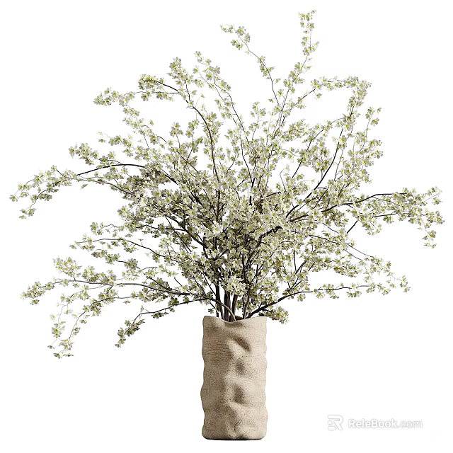 Natural Linen Vase With White Blossom Branches And Fresh Green Leaves 3d model 