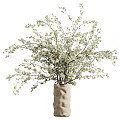 Natural Linen Vase With White Blossom Branches And Fresh Green Leaves