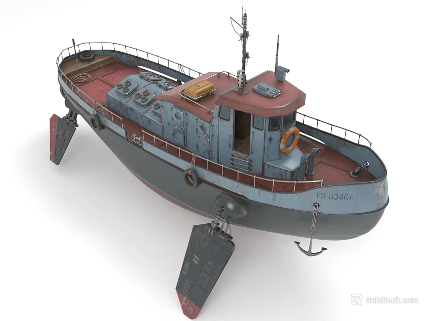 Vintage Style Boat 3D Model with Red Deck Gray Blue Hull Lifebuoy and Superstructure Design 3d model 
