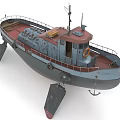 Vintage Style Boat 3D Model with Red Deck Gray Blue Hull Lifebuoy and Superstructure Design