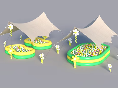 Interactive Play Area With White Canopy Tents Green Yellow Inflatable Pools And Colorful Balls 3d model