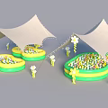 Interactive Play Area With White Canopy Tents Green Yellow Inflatable Pools And Colorful Balls