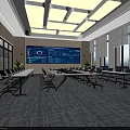 Modern Conference Room Interior With Large Screen Data Charts Long Table Chairs And Windows 3d model