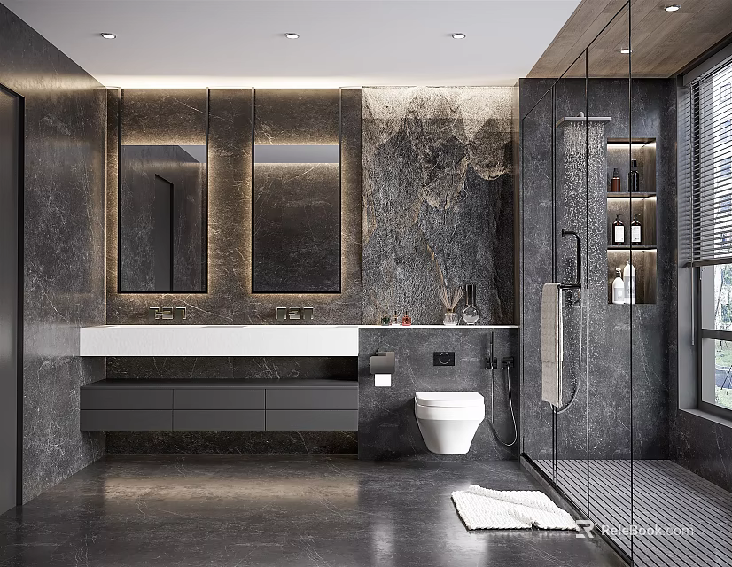 Modern Luxury Bathroom Interior Design With Double Mirrors White Vanity Marble Wall And Glass Shower 3d model 