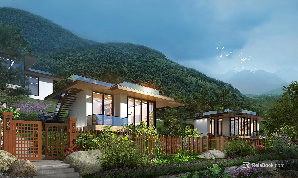 Modern Mountain Villas with Large Windows Terrace and Natural Greenery 3d model 