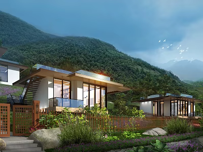 Modern Mountain Villas with Large Windows Terrace and Natural Greenery 3d model