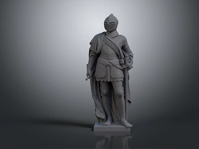 Armored Knight Statue Standing With Cloak On Gray Pedestal And Detailed Armor 3d model