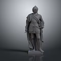 Armored Knight Statue Standing With Cloak On Gray Pedestal And Detailed Armor