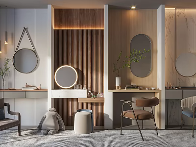 Modern Dressing Table Interior With Wooden Panels Round Mirror Green Plant And Brown Stool 3d model